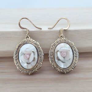 Vintage Victorian Revival Dangle Earrings Ceramic Flower Mother of Pearl